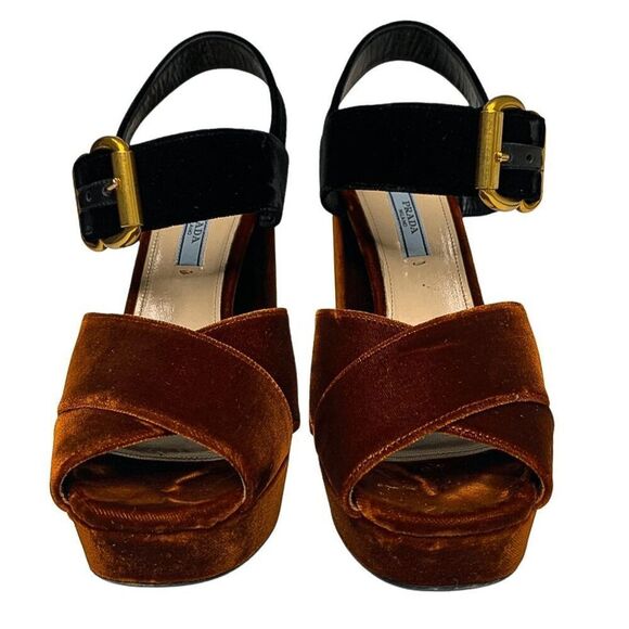 Prada Two-Tone Platform Velvet Strappy Sandals EU 38.5 Orange Chunky High Heel - Picture 2 of 11